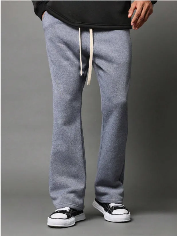 Men's wide-leg solid colour casual trousers, ring fabric polyester, mid waist loose fit autumn pants in black