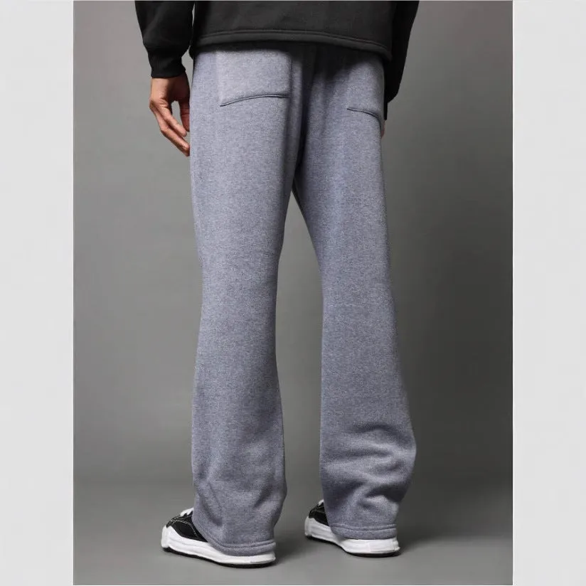 Men's wide-leg solid colour casual trousers, ring fabric polyester, mid waist loose fit autumn pants in black