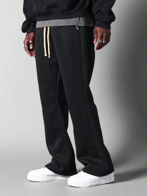 Men's wide-leg solid colour casual trousers, ring fabric polyester, mid waist loose fit autumn pants in black