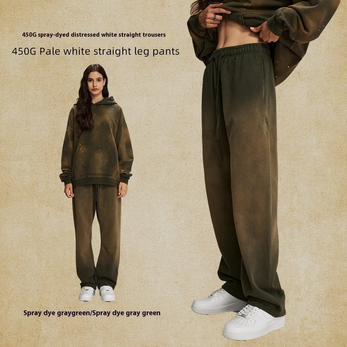 Men's loose cotton trousers in spray dyed colour, straight leg mid-rise cut for retro street style