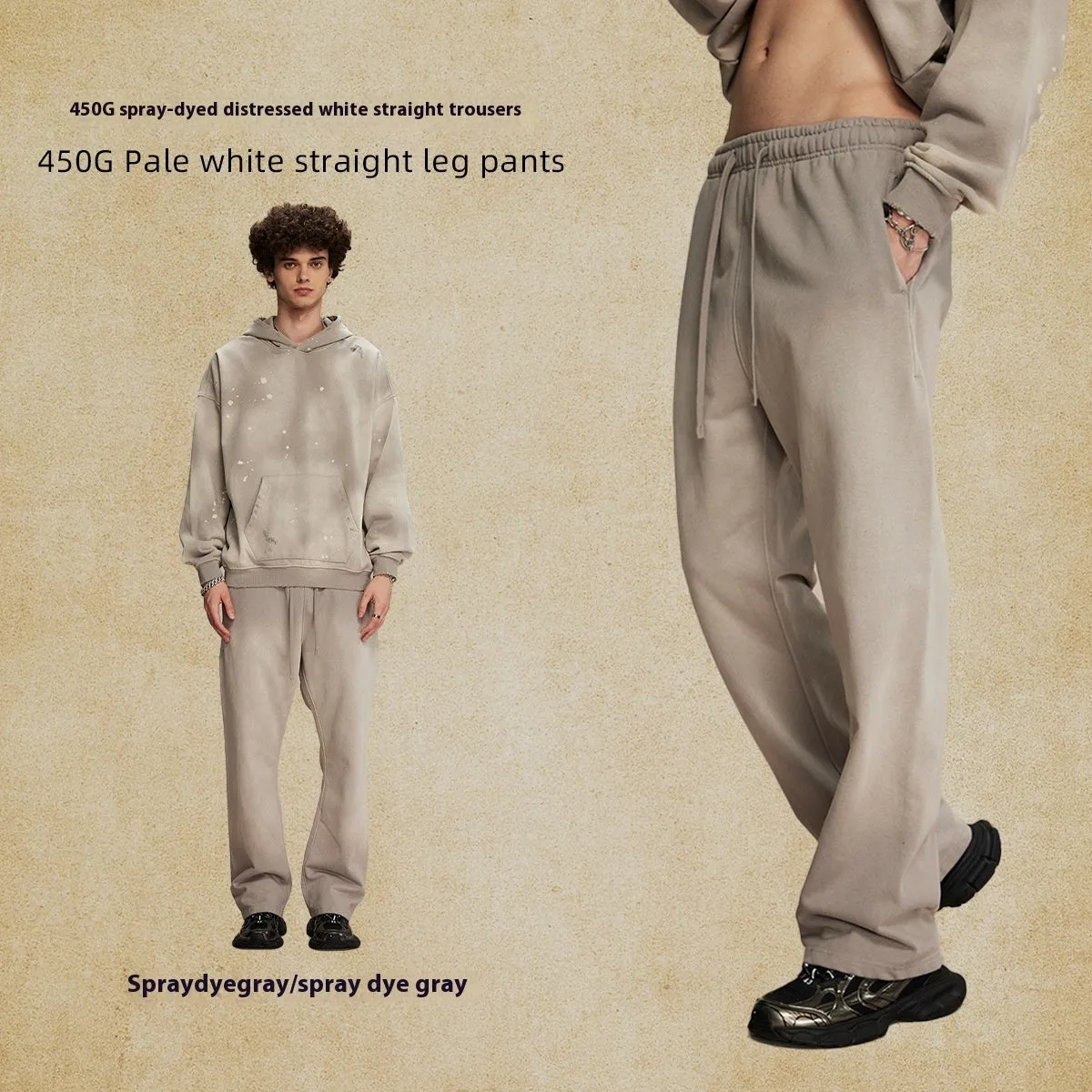 Men's loose cotton trousers in spray dyed colour, straight leg mid-rise cut for retro street style
