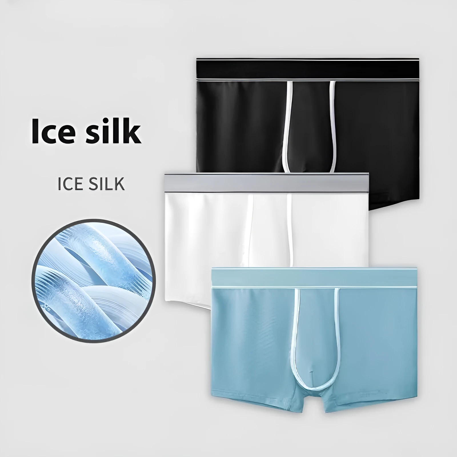 Men's ice silk ultra thin transparent sports underwear in black, white, sapphire blue, medium green, smalt, and gray