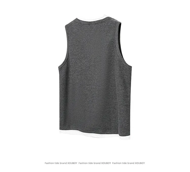 Loose cotton sports vest in black with straight hem, front view, summer fashion brand