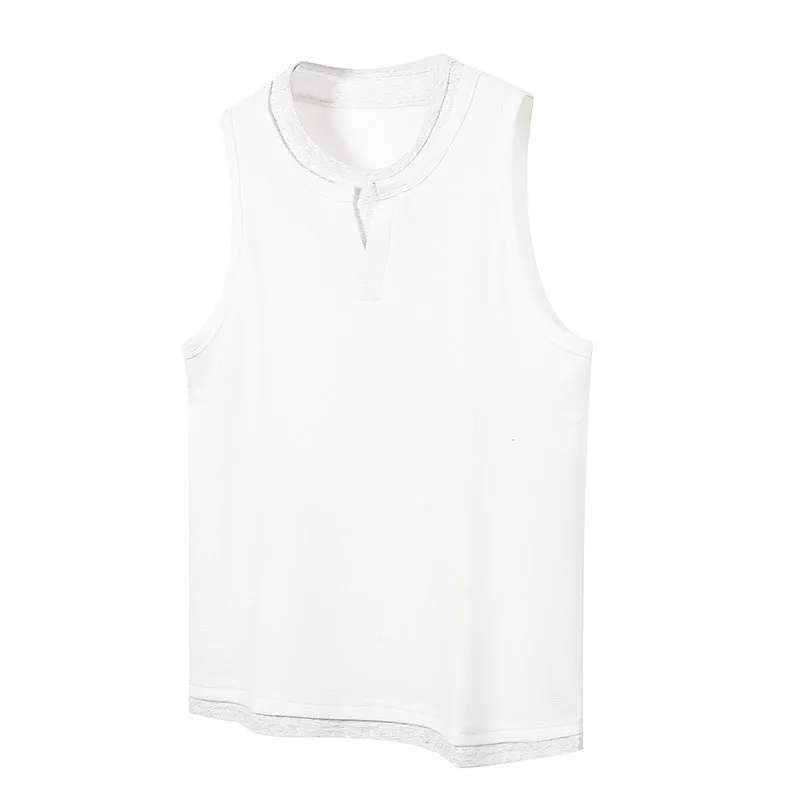 Loose cotton sports vest in black with straight hem, front view, summer fashion brand