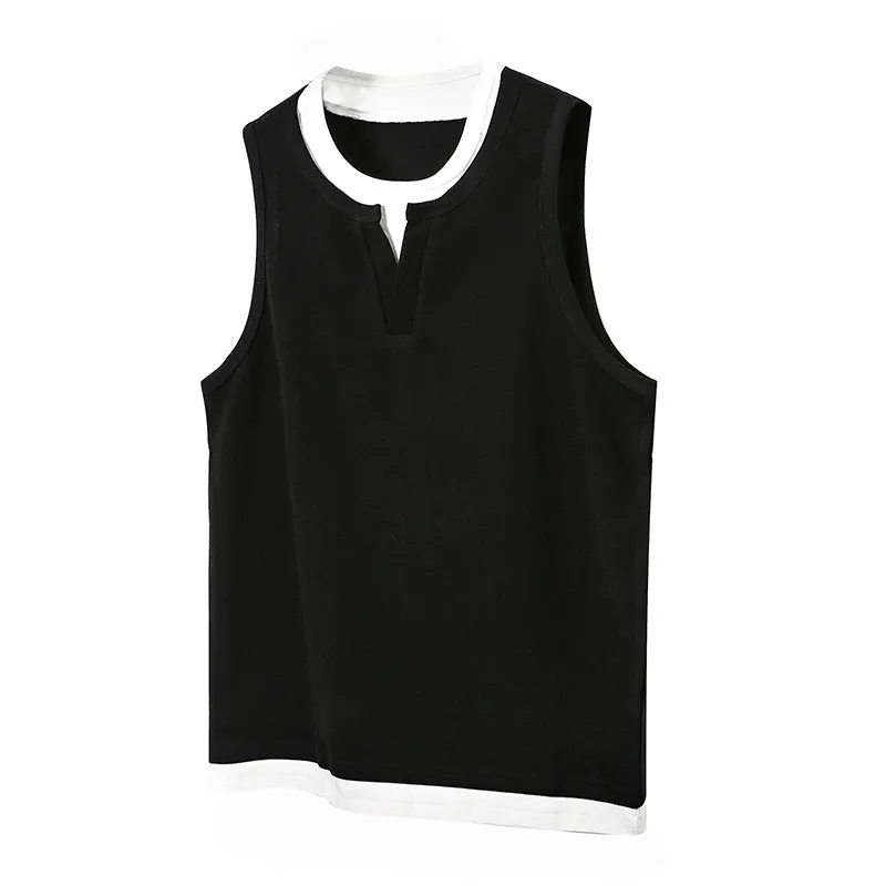 Loose cotton sports vest in black with straight hem, front view, summer fashion brand