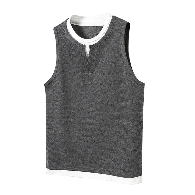 Loose cotton sports vest in black with straight hem, front view, summer fashion brand