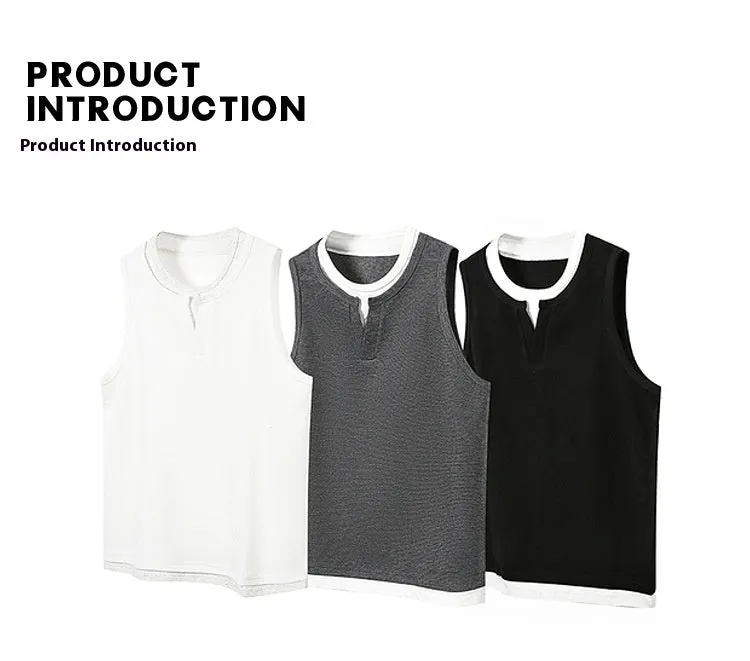 Loose cotton sports vest in black with straight hem, front view, summer fashion brand