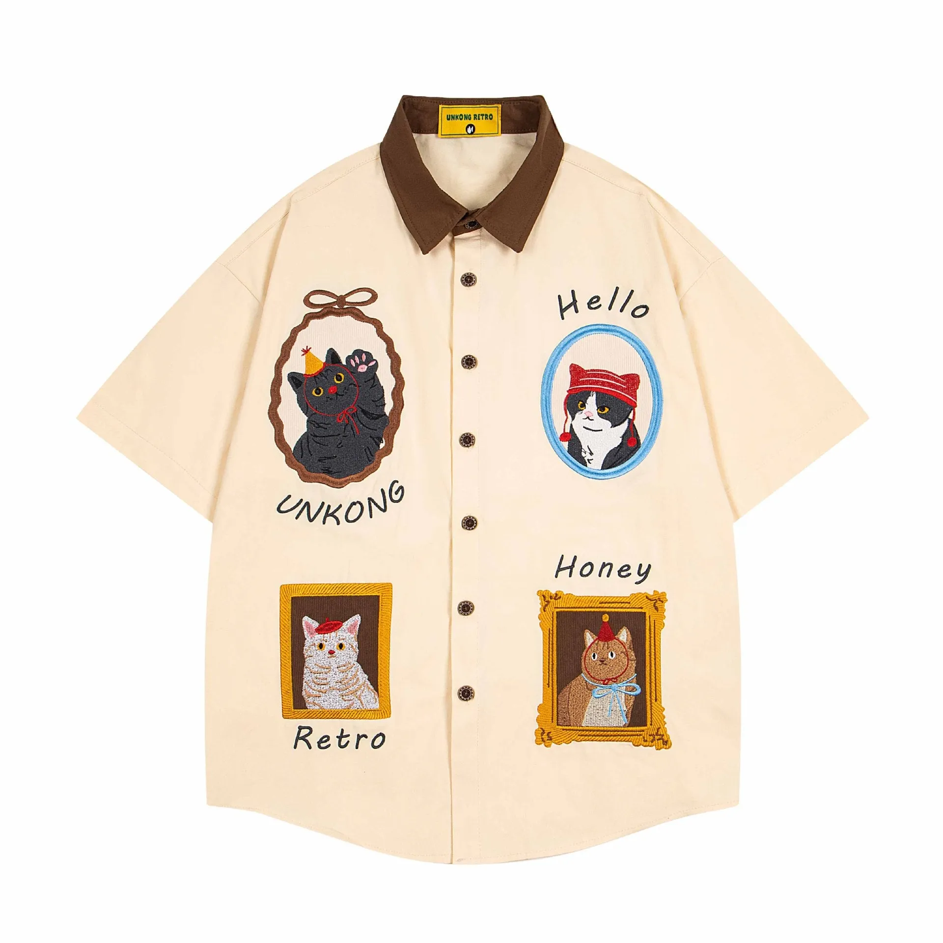 Baby boy and girl summer loose top in apricot with cartoon pattern, front view