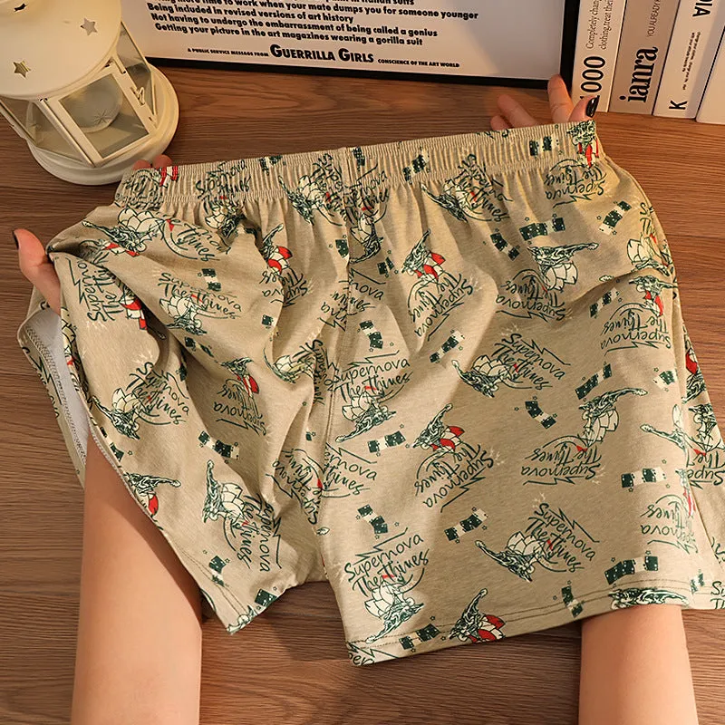 Men's grey printed cotton boxer shorts with a loose, casual fit and mid-waist design.