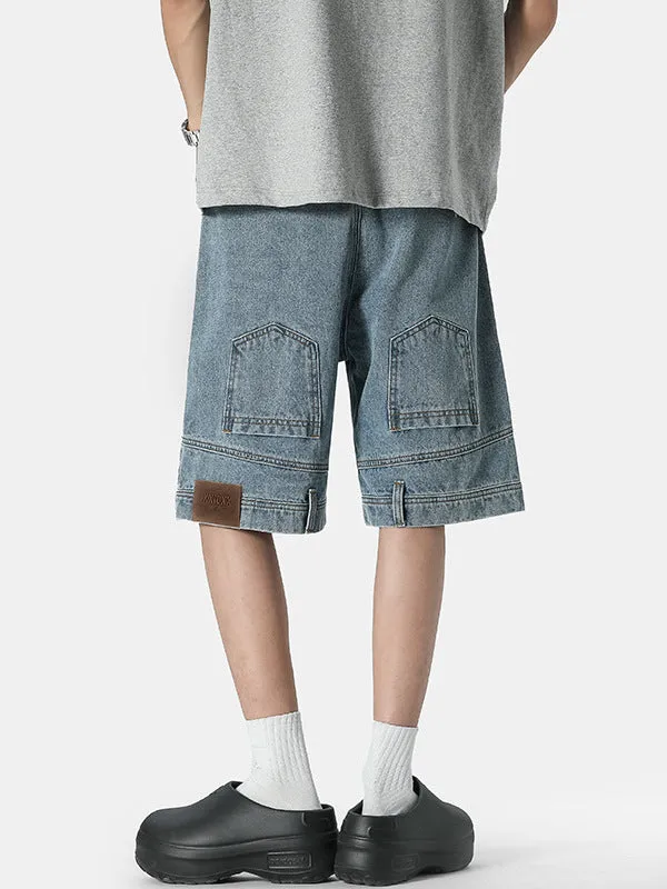Men's loose straight Bermuda shorts in blue denim with mid waist and five-pocket design