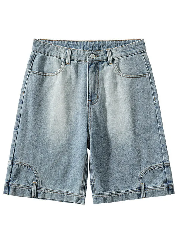 Men's loose straight Bermuda shorts in blue denim with mid waist and five-pocket design