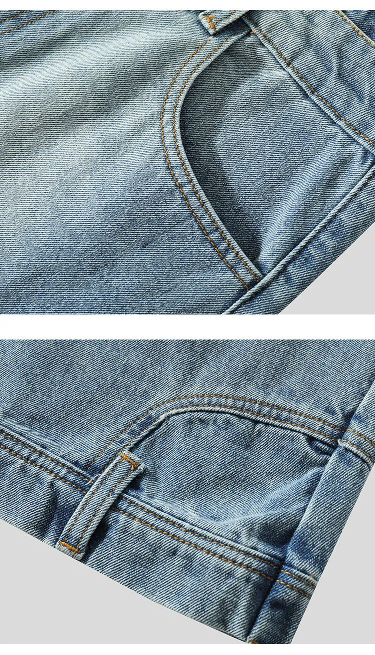 Men's loose straight Bermuda shorts in blue denim with mid waist and five-pocket design