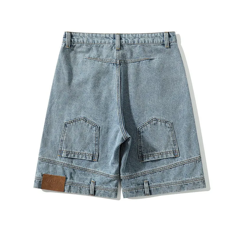 Men's loose straight Bermuda shorts in blue denim with mid waist and five-pocket design