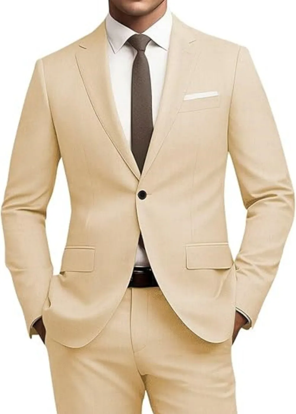 Men's solid colour nylon blend slim fit business jacket and pants set with flat collar and rear centre opening