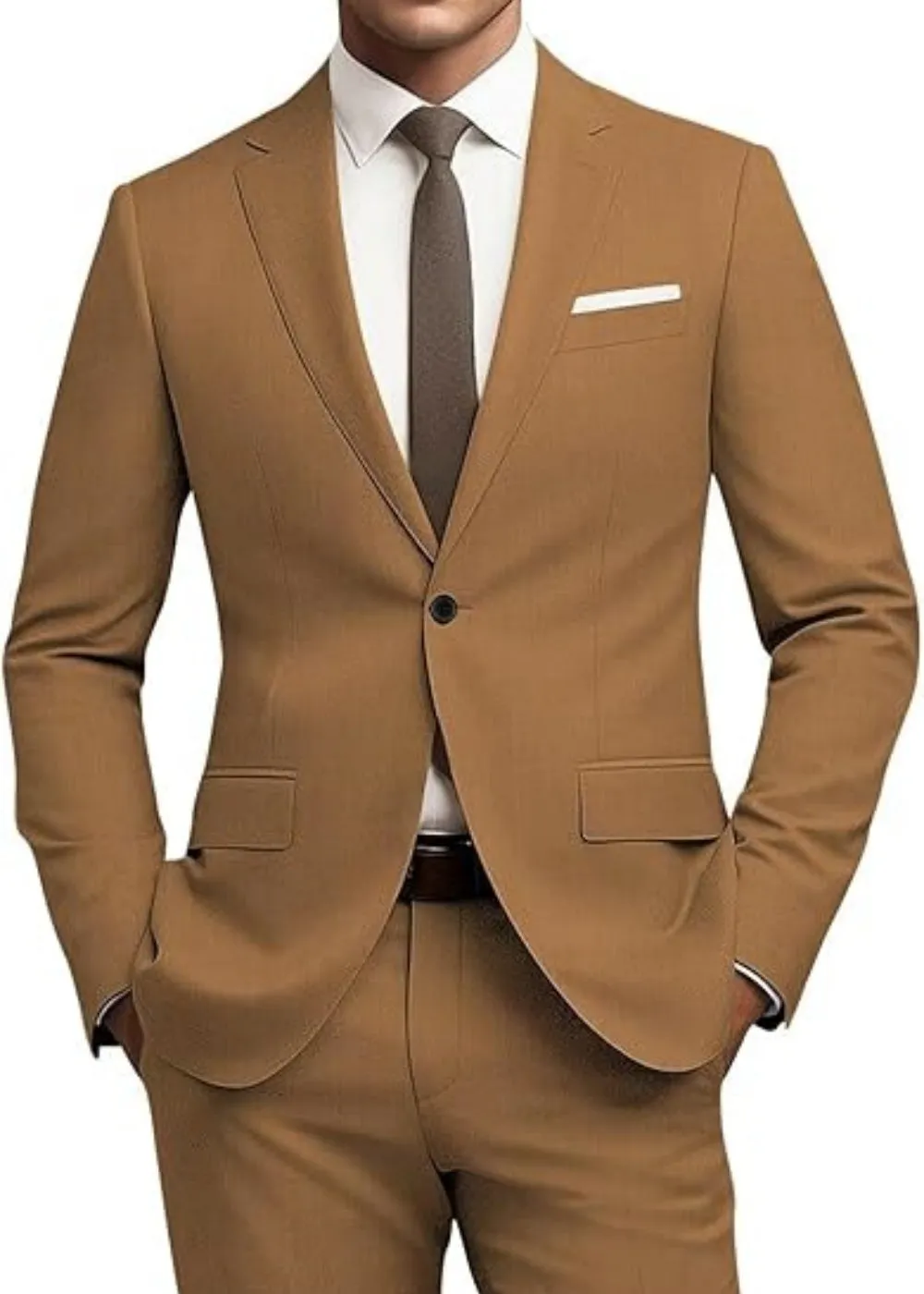 Men's solid colour nylon blend slim fit business jacket and pants set with flat collar and rear centre opening