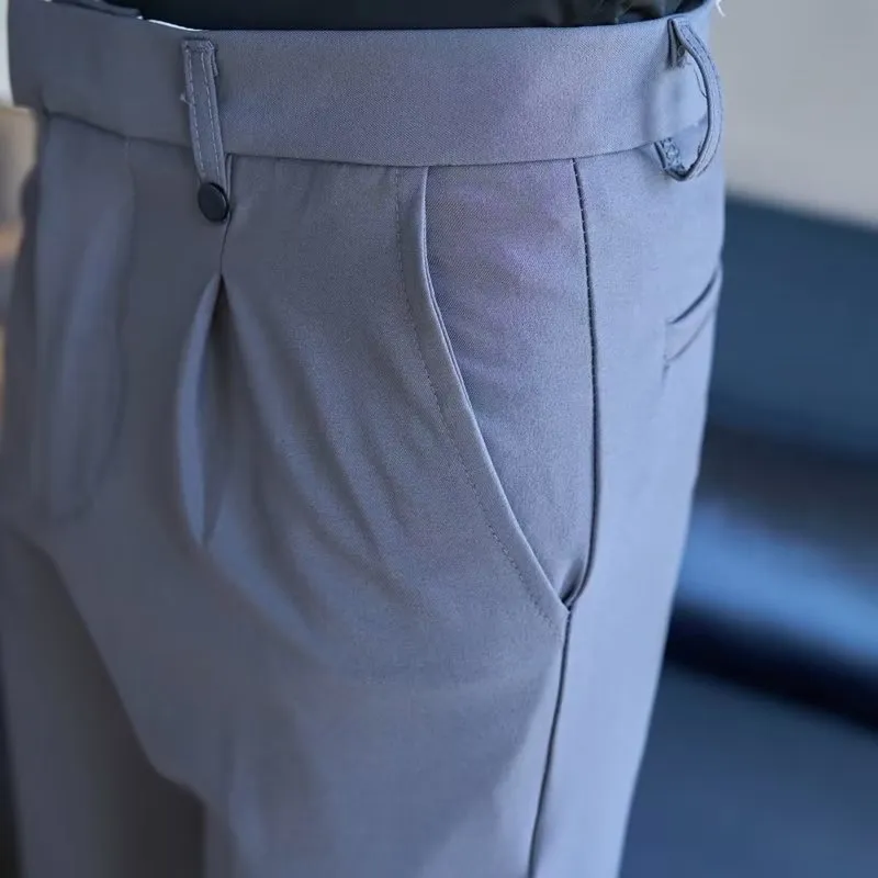 High waist straight double pleated casual suit pants in black and gray, polyester fibre, women size 28-38