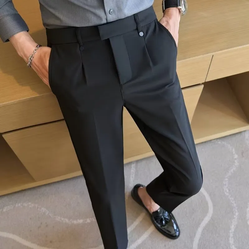 High waist straight double pleated casual suit pants in black and gray, polyester fibre, women size 28-38