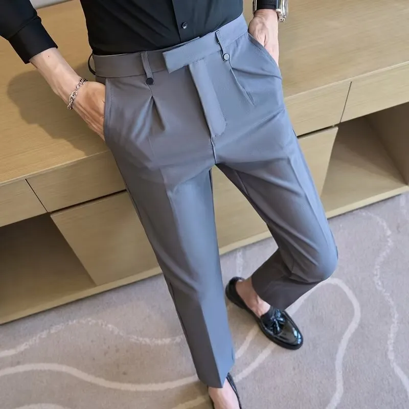 High waist straight double pleated casual suit pants in black and gray, polyester fibre, women size 28-38