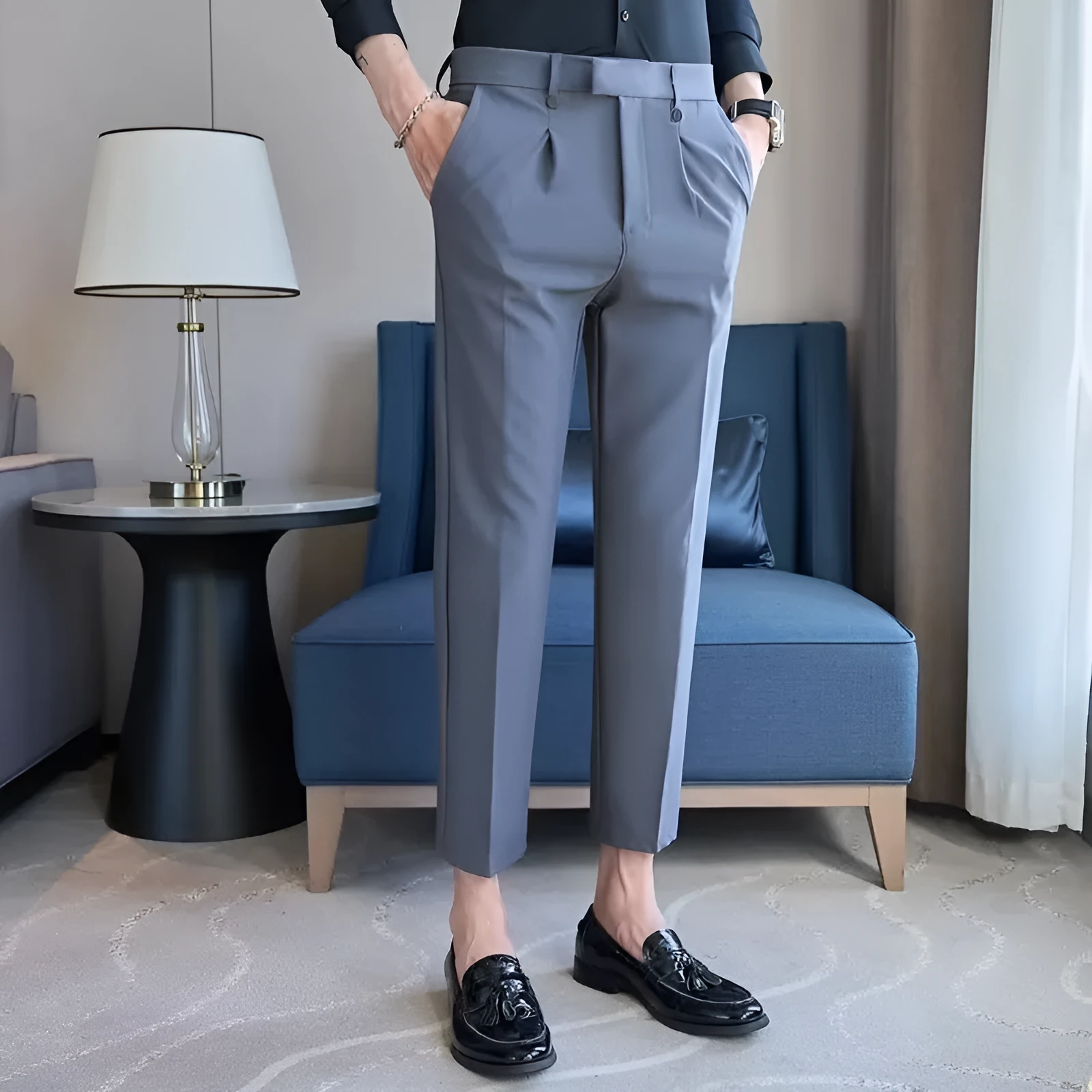 High waist straight double pleated casual suit pants in black and gray, polyester fibre, women size 28-38