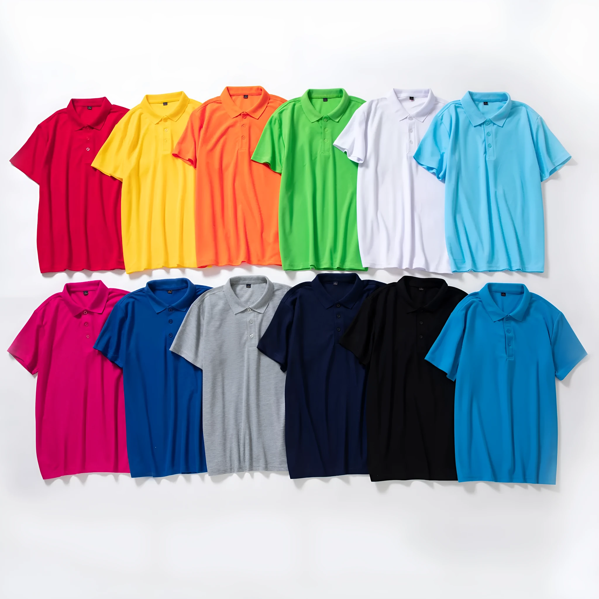 Cotton solid colour business office thin polo shirt uniform in short sleeve, available in multiple colours including black, white, red, and blue.