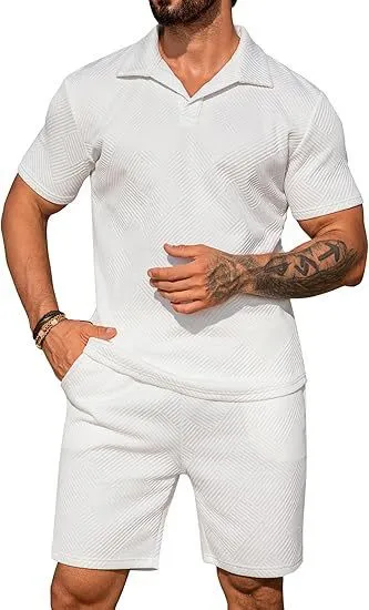 Men's casual solid colour polo short oversleeves set with matching shorts in black, blue, and light grey