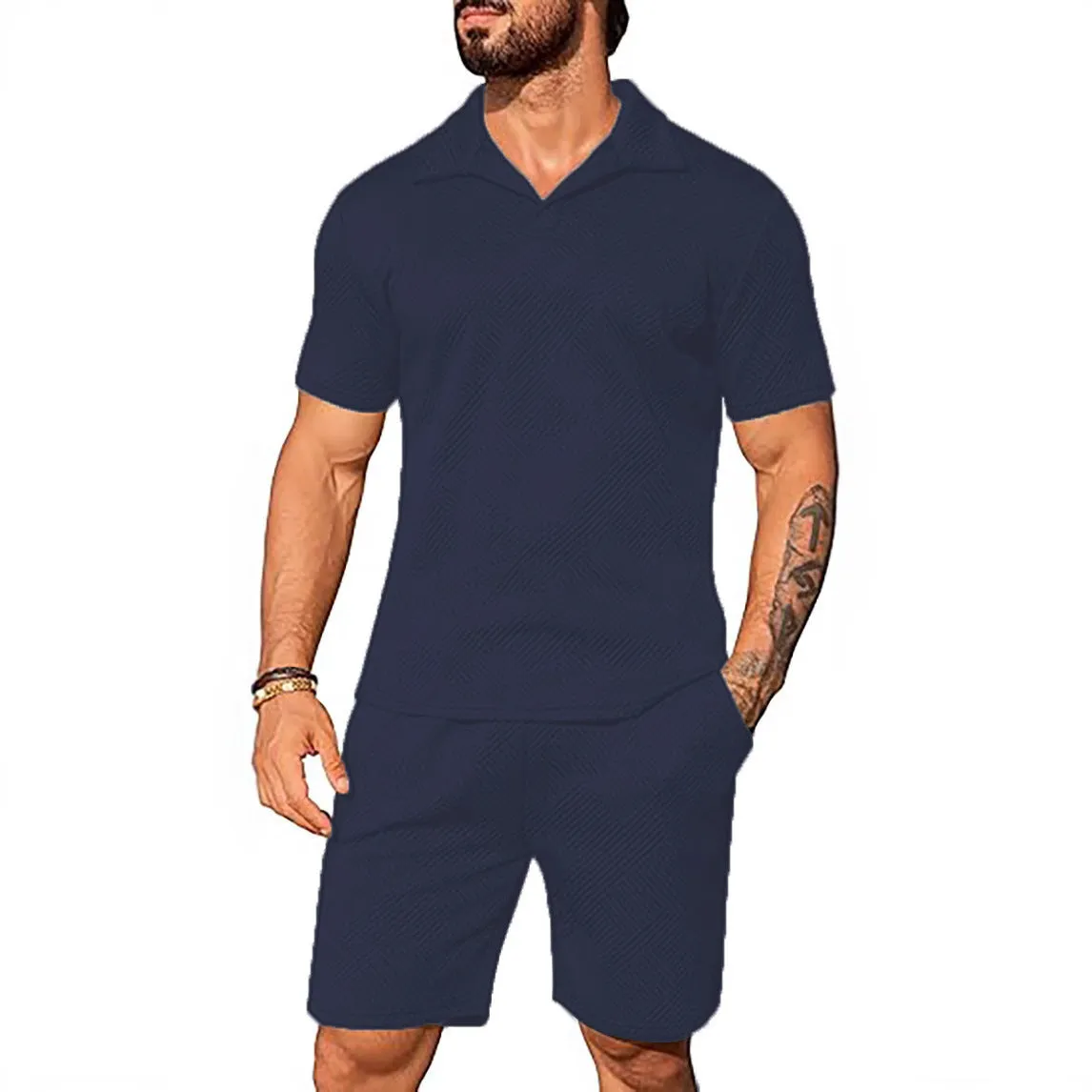 Men's casual solid colour polo short oversleeves set with matching shorts in black, blue, and light grey