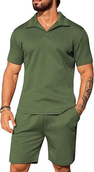 Men's casual solid colour polo short oversleeves set with matching shorts in black, blue, and light grey