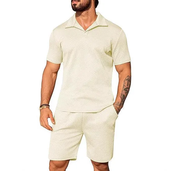 Men's casual solid colour polo short oversleeves set with matching shorts in black, blue, and light grey
