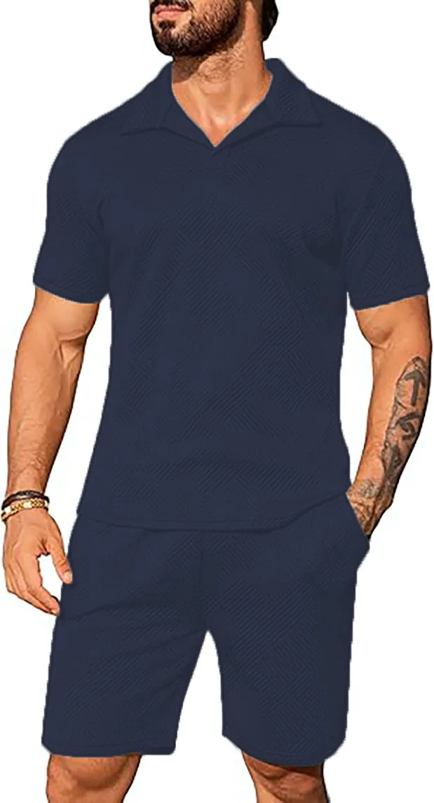 Men's casual solid colour polo short oversleeves set with matching shorts in black, blue, and light grey