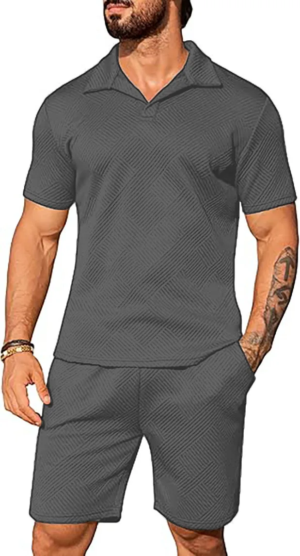 Men's casual solid colour polo short oversleeves set with matching shorts in black, blue, and light grey