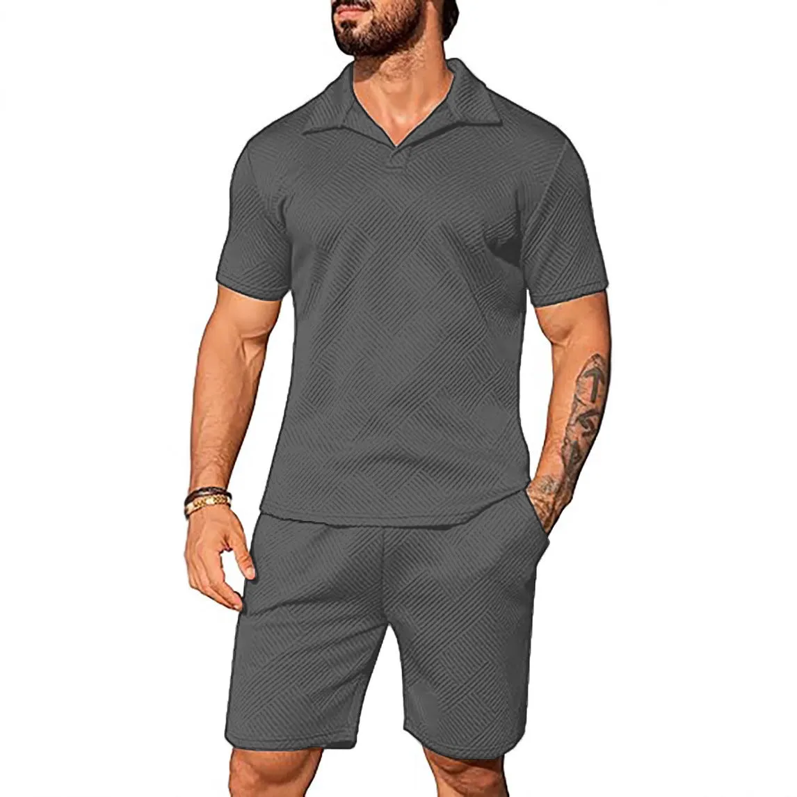 Men's casual solid colour polo short oversleeves set with matching shorts in black, blue, and light grey
