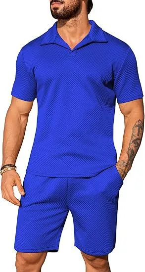 Men's casual solid colour polo short oversleeves set with matching shorts in black, blue, and light grey