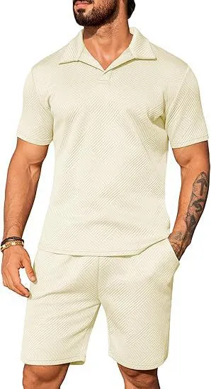 Men's casual solid colour polo short oversleeves set with matching shorts in black, blue, and light grey
