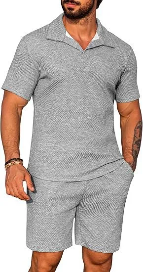 Men's casual solid colour polo short oversleeves set with matching shorts in black, blue, and light grey