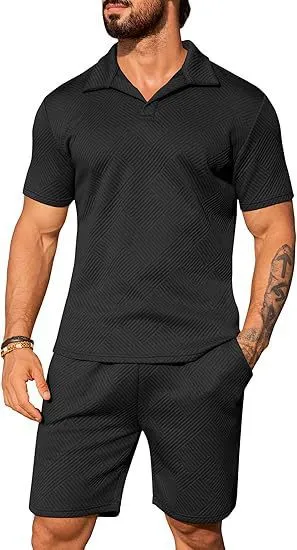 Men's casual solid colour polo short oversleeves set with matching shorts in black, blue, and light grey