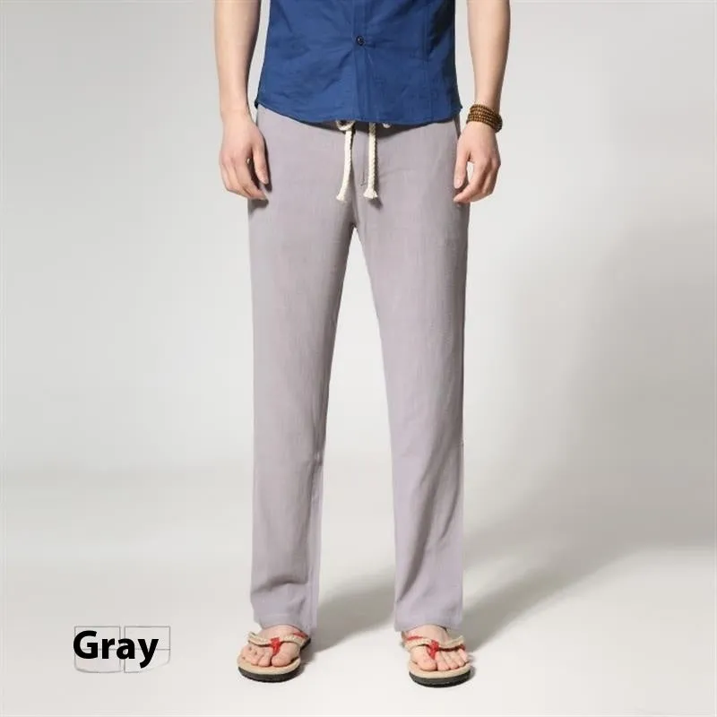 Men's straight leg casual trousers in a cotton linen blend, shown in a solid colour with a loose fit.