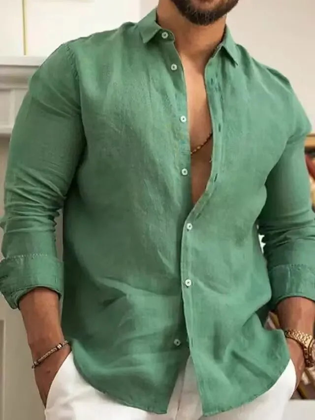 Long sleeve plain lapel cotton blend cardigan shirt in army green, front view, solid colour