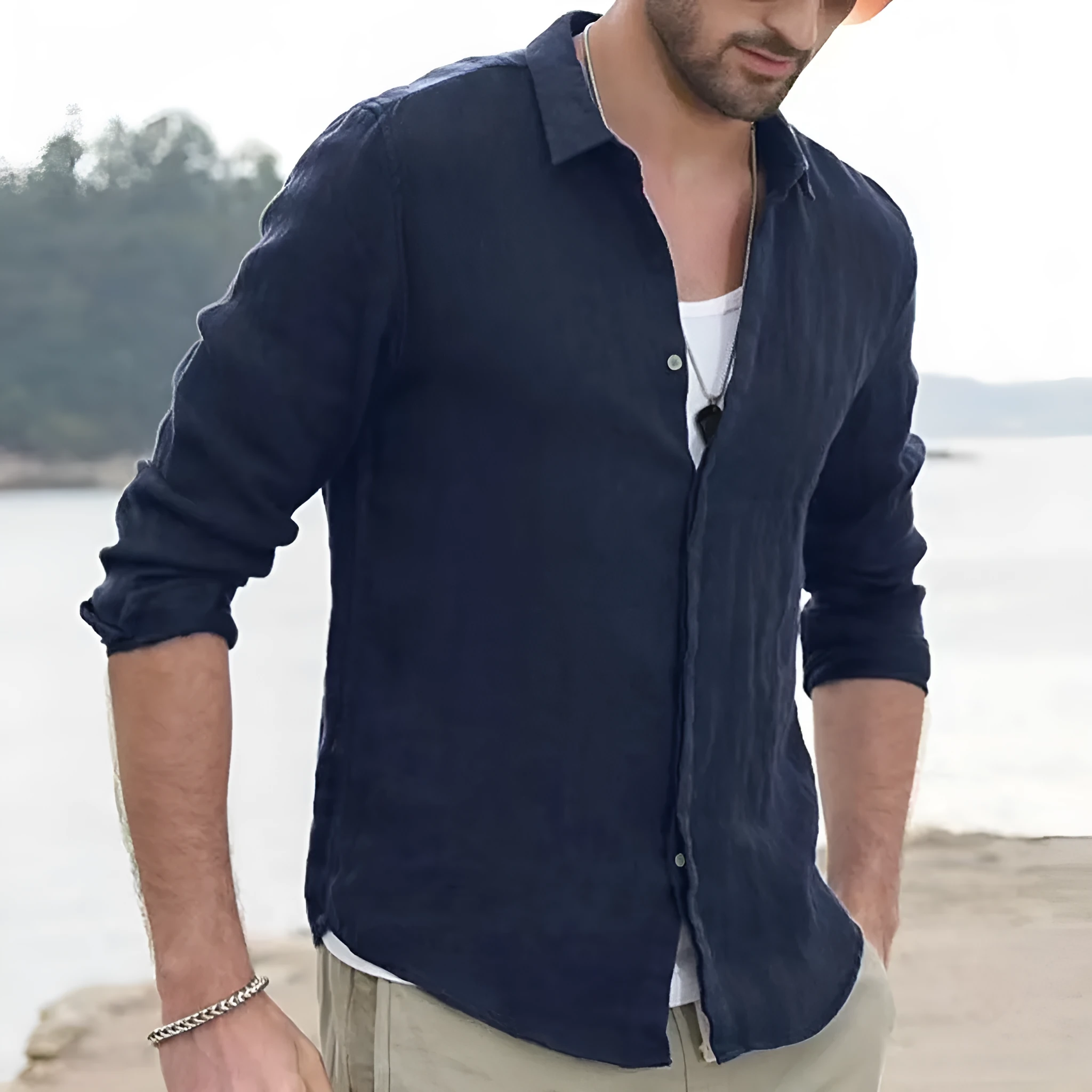 Long sleeve plain lapel cotton blend cardigan shirt in army green, front view, solid colour