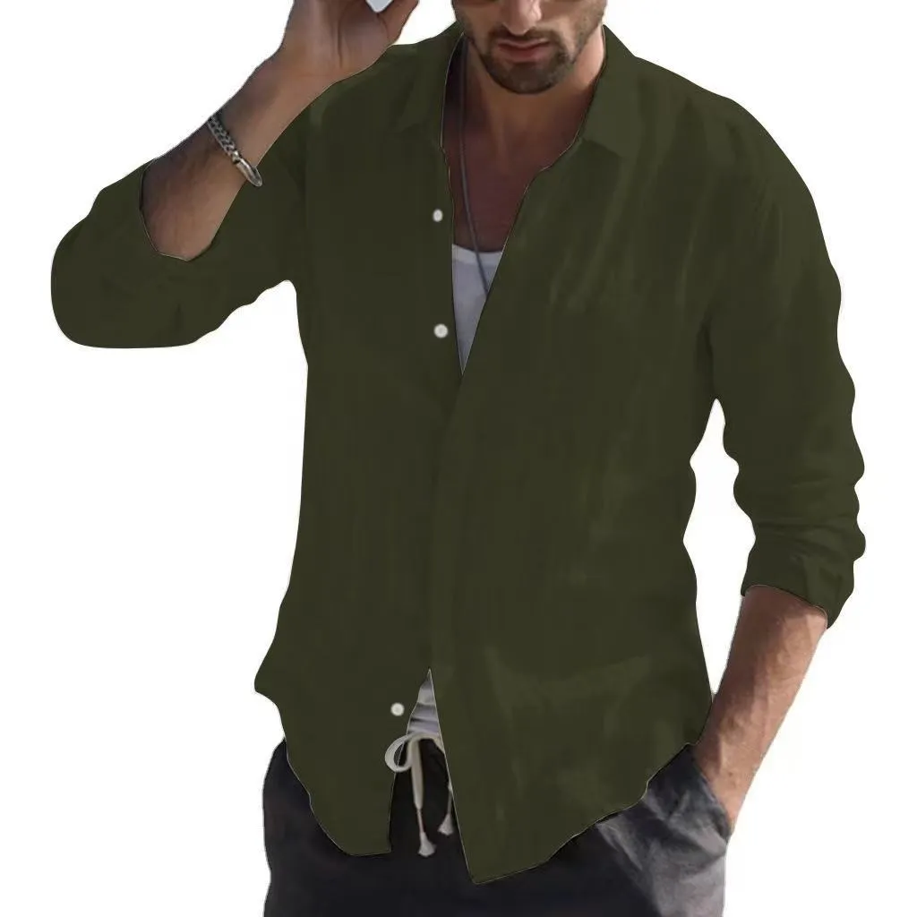 Long sleeve plain lapel cotton blend cardigan shirt in army green, front view, solid colour