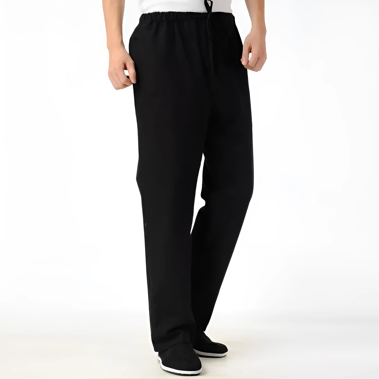 Men's beige pure cotton casual trousers with drawstring waist and belt on a neutral background.