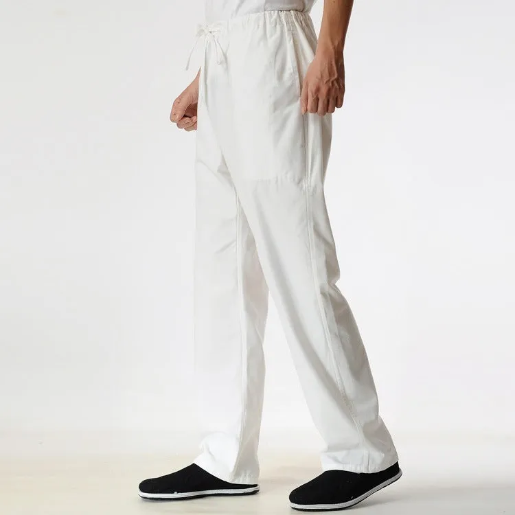 Men's beige pure cotton casual trousers with drawstring waist and belt on a neutral background.