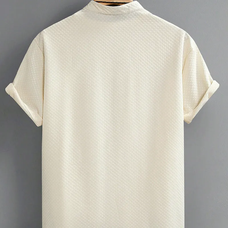 Summer men's casual stand collar short sleeve shirt in solid colour with loose fit and hemp blend fabric