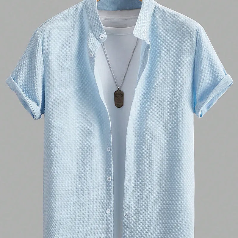 Summer men's casual stand collar short sleeve shirt in solid colour with loose fit and hemp blend fabric
