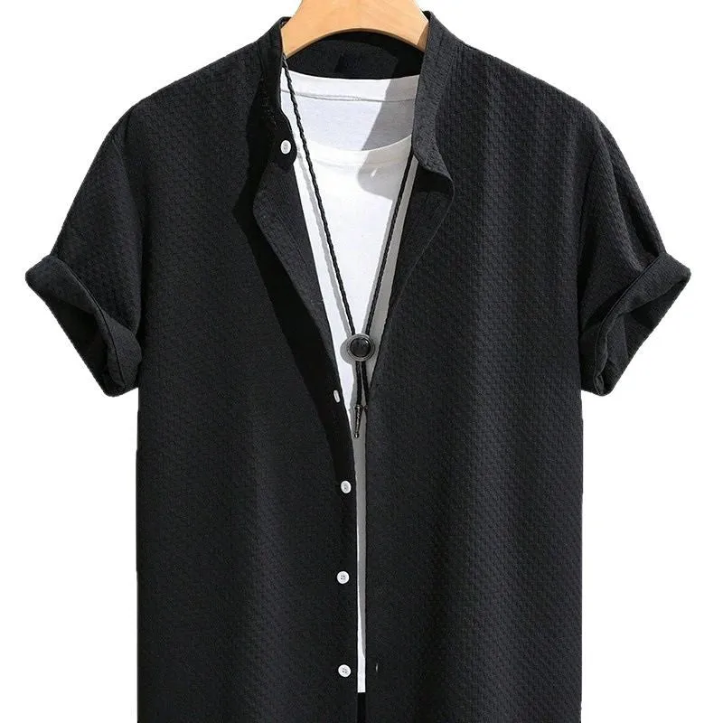 Summer men's casual stand collar short sleeve shirt in solid colour with loose fit and hemp blend fabric