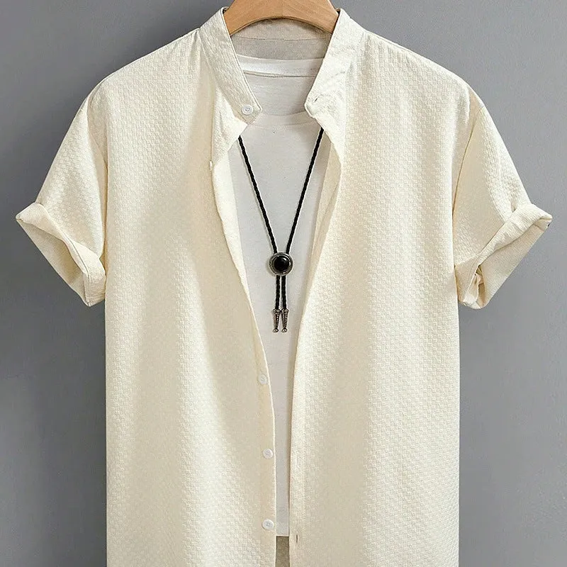 Summer men's casual stand collar short sleeve shirt in solid colour with loose fit and hemp blend fabric