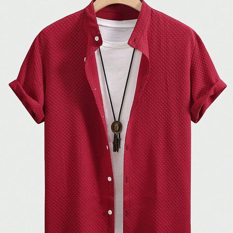 Summer men's casual stand collar short sleeve shirt in solid colour with loose fit and hemp blend fabric
