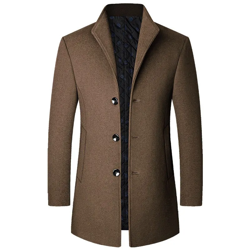 Men's wool-polyester blend solid colour casual coat for autumn and winter, front view