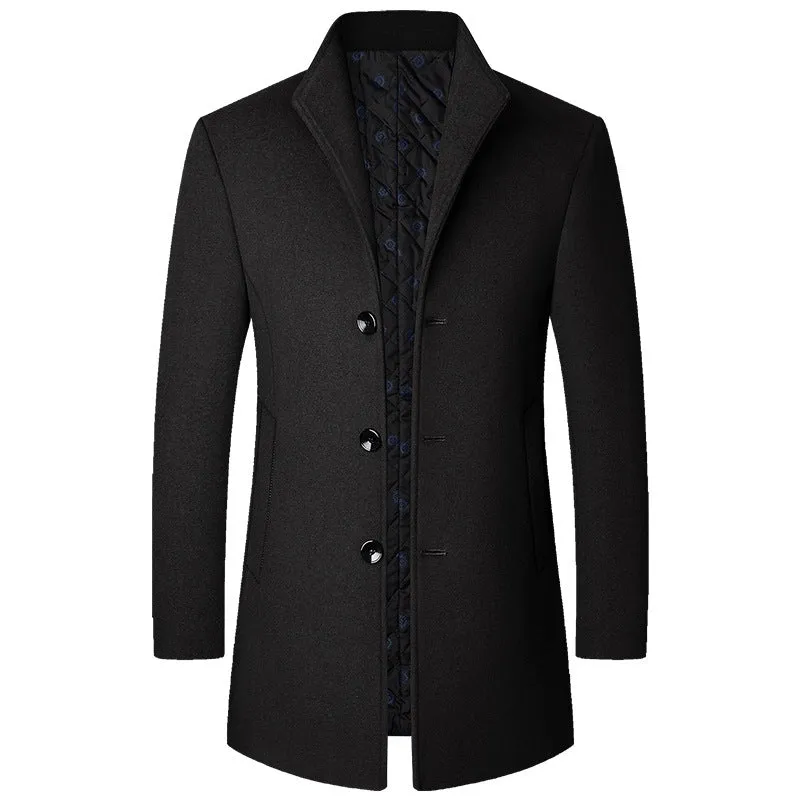 Men's wool-polyester blend solid colour casual coat for autumn and winter, front view