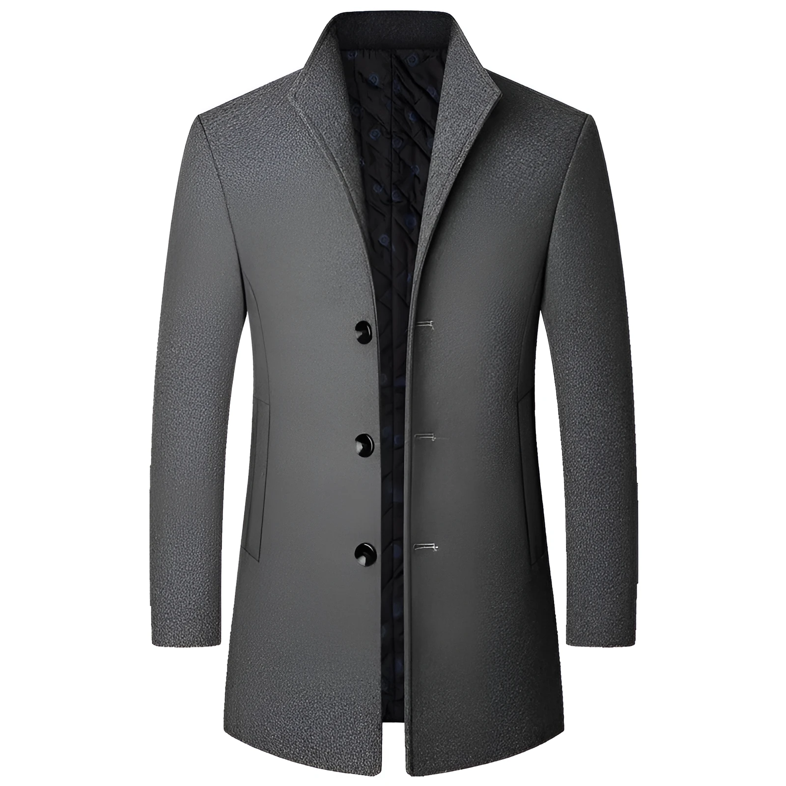 Men's wool-polyester blend solid colour casual coat for autumn and winter, front view
