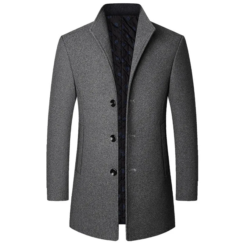 Men's wool-polyester blend solid colour casual coat for autumn and winter, front view